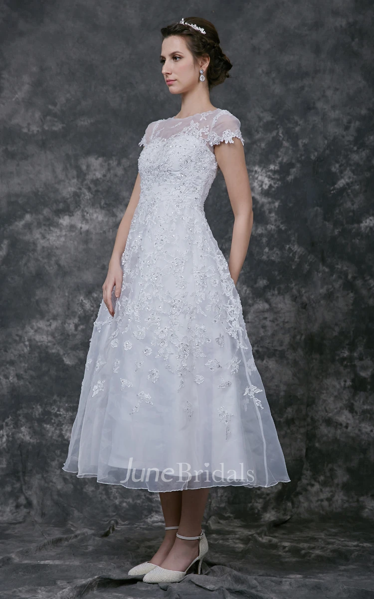 Short Sleeve Tea-length lace Wedding Dress
