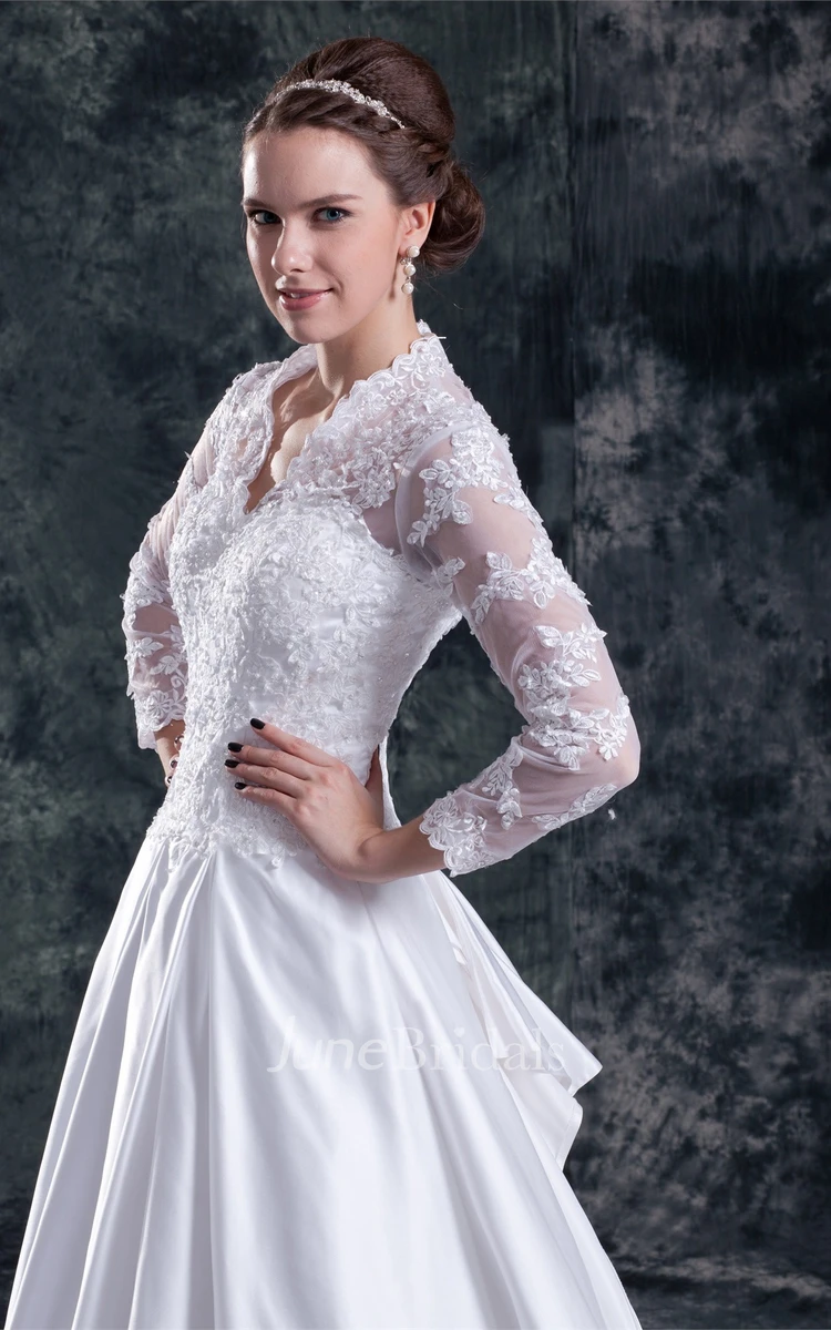 scalloped-neck long-sleeve ball a-line lace gown with court train