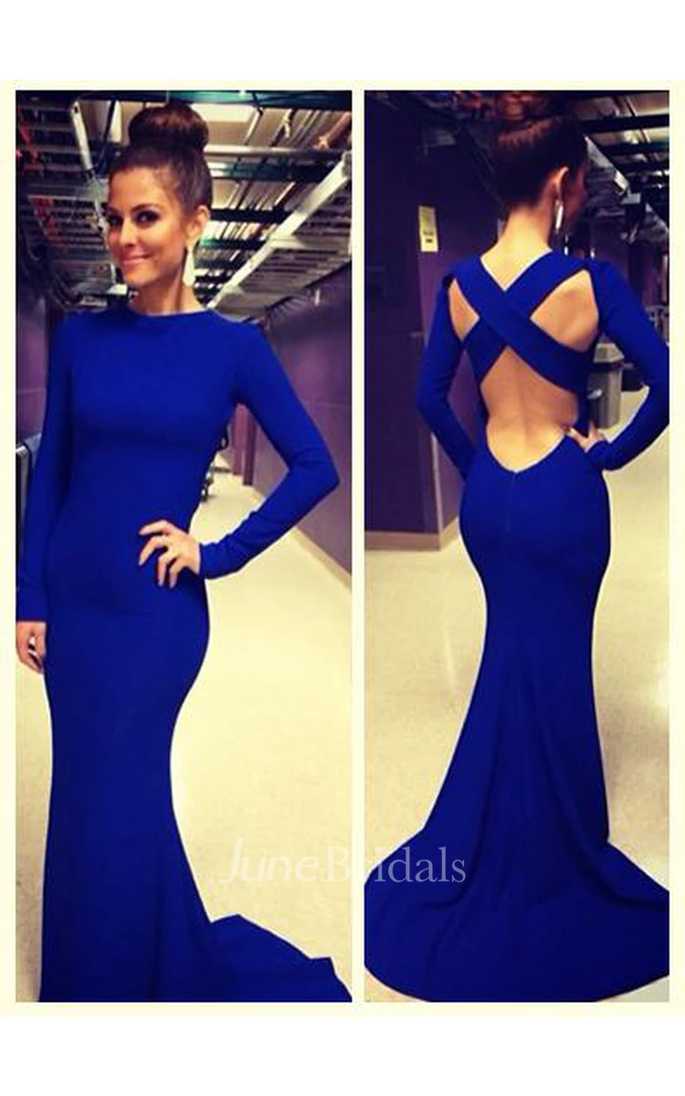 Sexy De Soiree Robe Mermaid Evening Dress High Neck Criss Cross Backless Royal Blue Prom Dresses With Long Sleeve