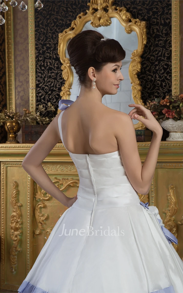 One-Shoulder Criss-Cross Ball Gown with Flower and Draping