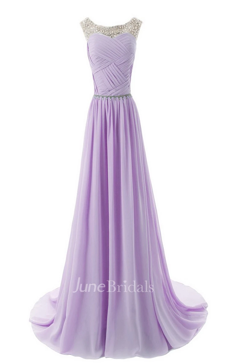 Bateau Neck Crystal-beaded Chiffon A-line Gown With Train