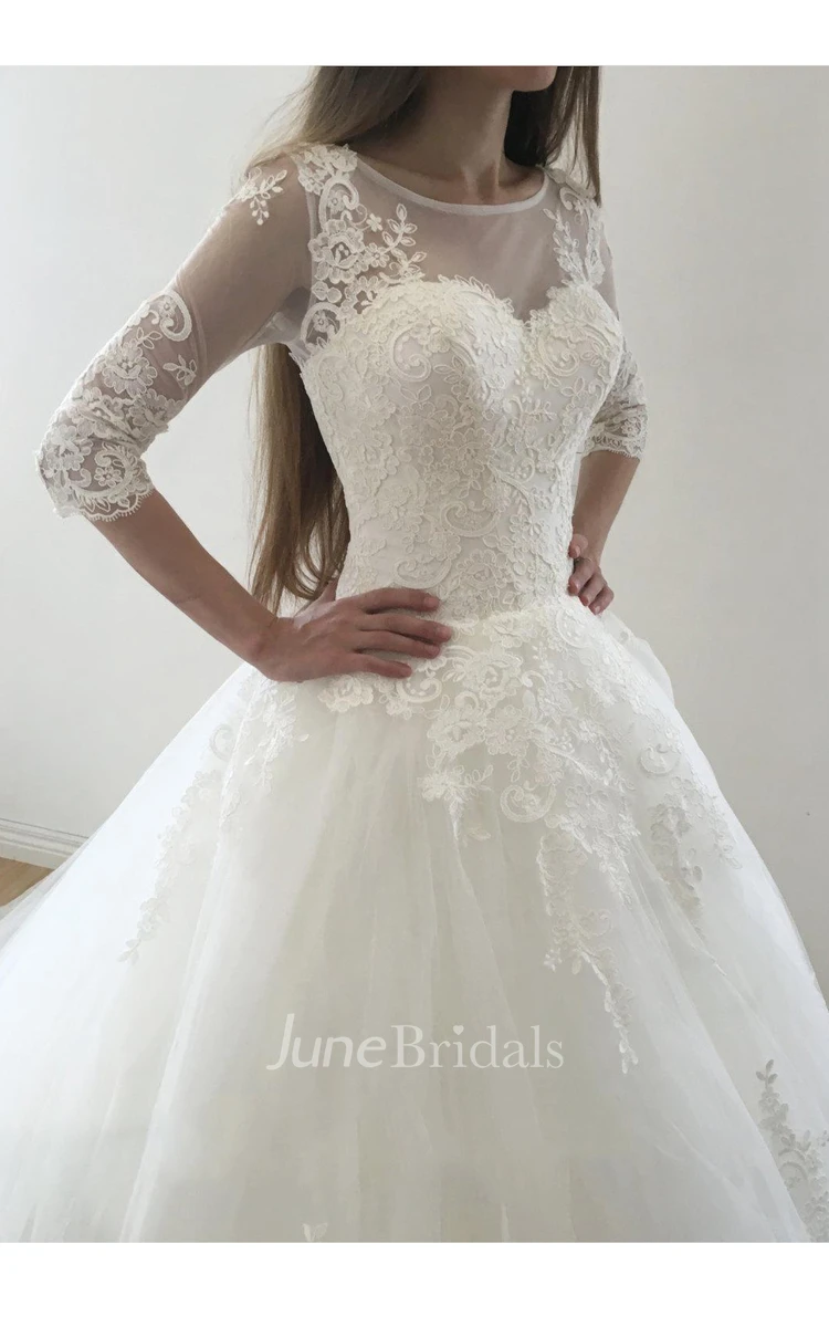 Ball Gown Tulle Lace Satin Weddig Dress With Button