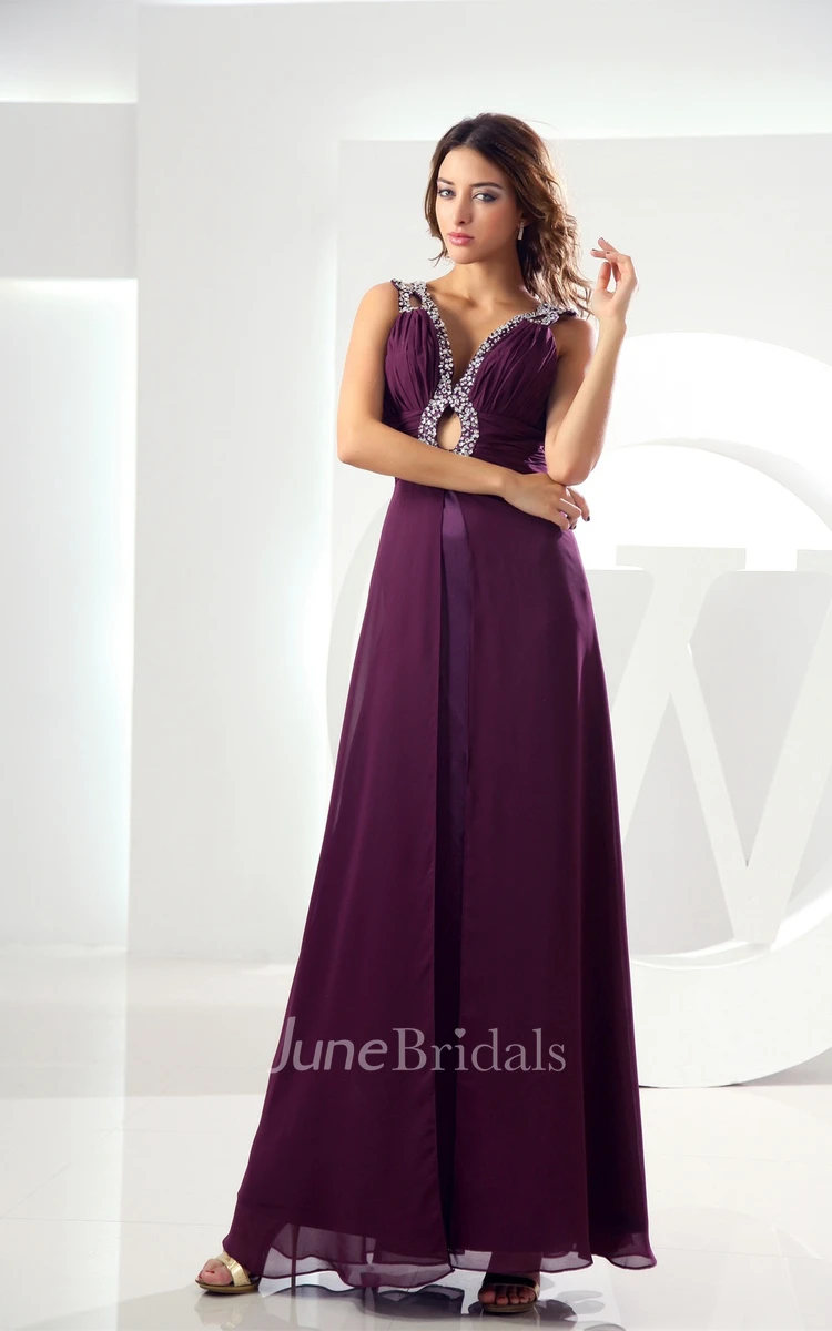 Plunged Chiffon Ankle-Length Dress with Beading and Keyhole