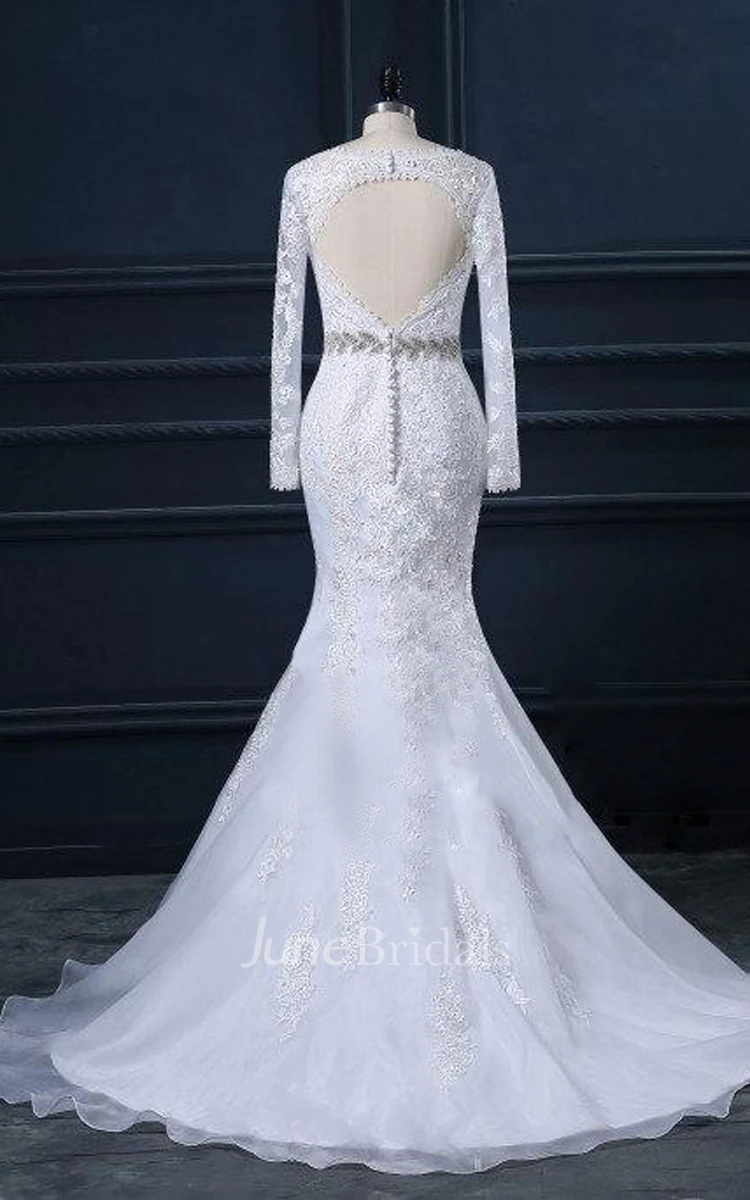 Trumpet V-Neck Long Sleeve Lace Organza Satin Dress With Beading