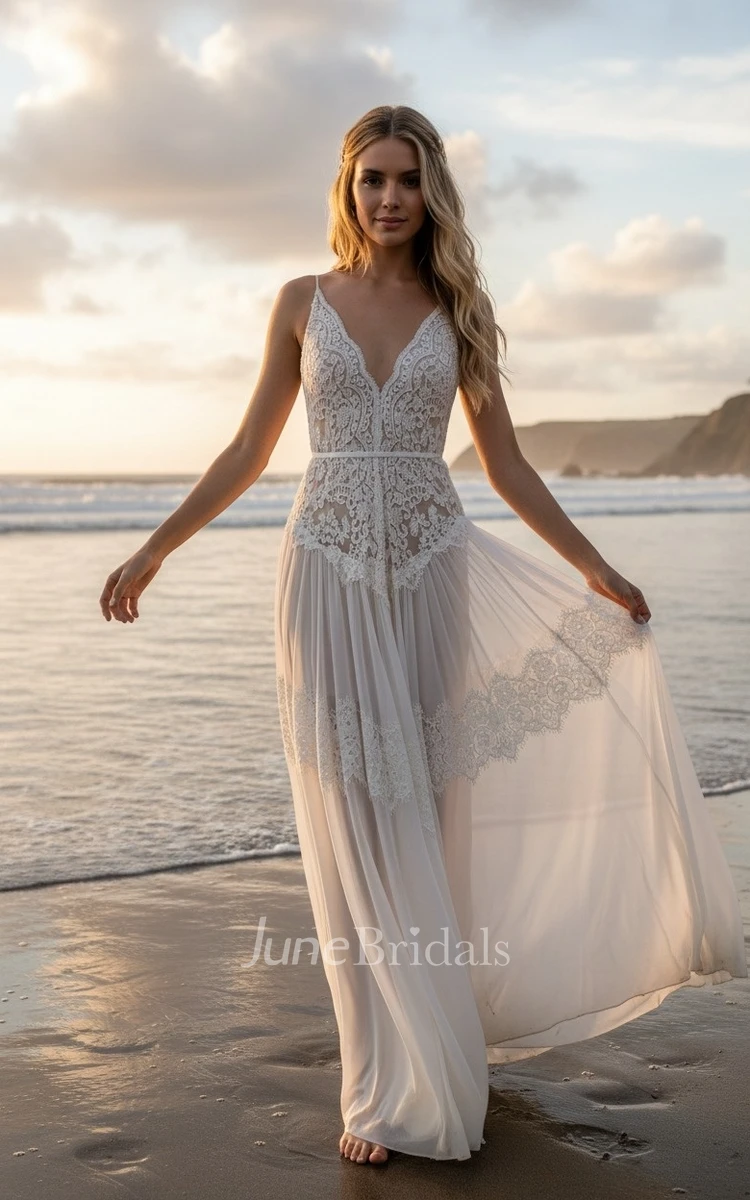 Boho Lace Beach Wedding Dress Flowy Chiffon Lightweight Bridal Gown for Destination & Summer Weddings