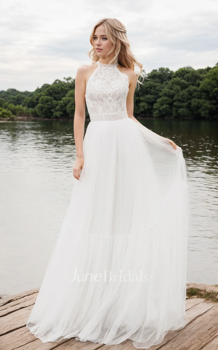 Sexy A-Line Halter Boho Fall Autumn Wedding Dress Open Back Beach Gown