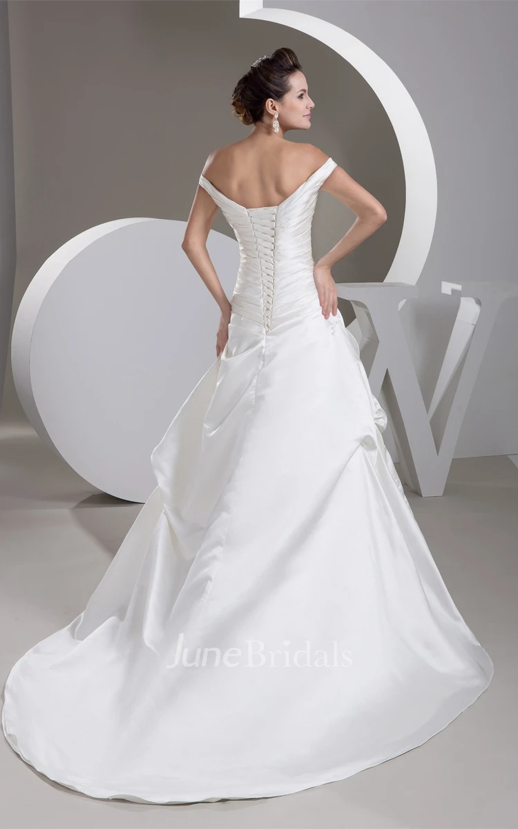 Off-The-Shoulder Pick-Up A-Line Ball Gown with Ruching and Appliques