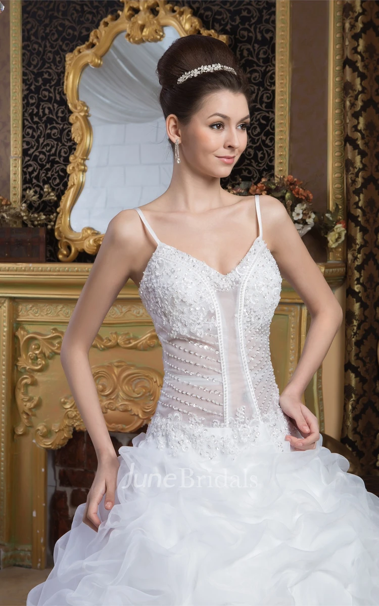 Spaghetti-Strap Pick-Up Ball Gown with Lace and Illusion Top