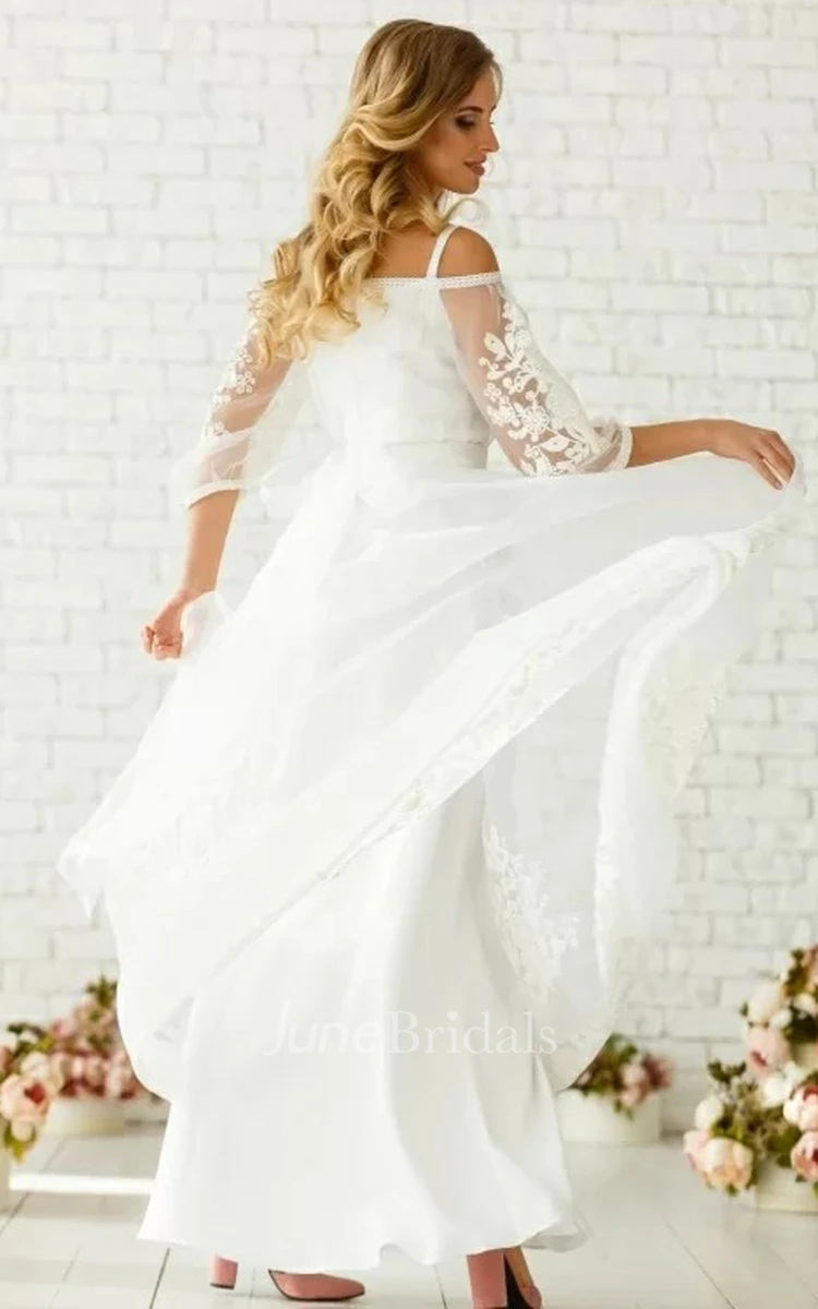 Casual Floor-length 3/4 Length Sleeve Tulle A Line Zipper Wedding Dress with Appliques