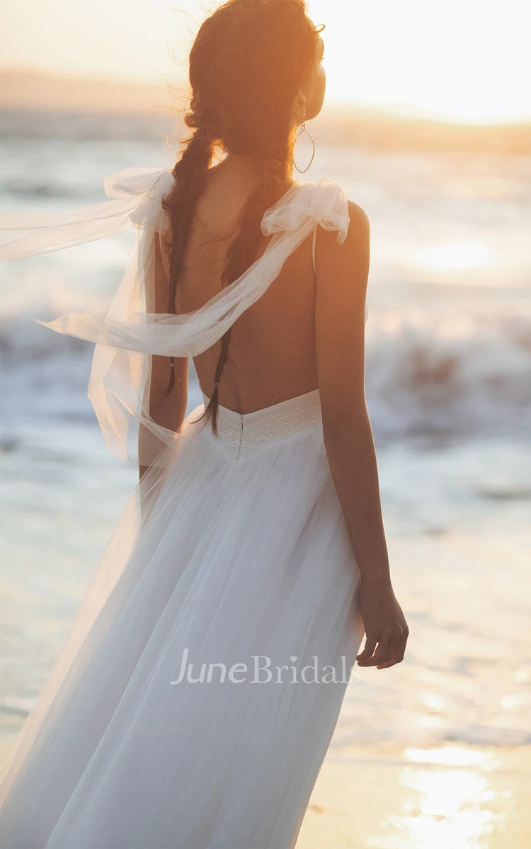 Straps V-neck Romantic Tulle Ethereal Beach Wedding Dress with Chapel Train Backless