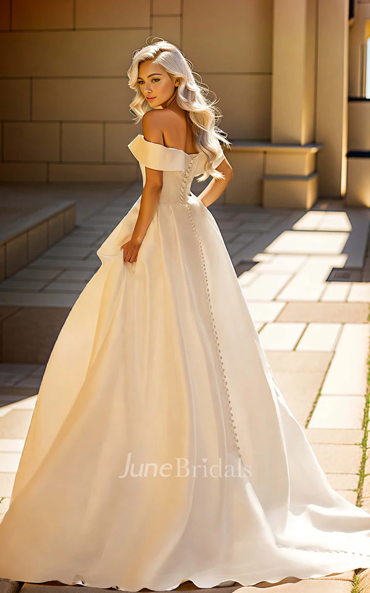 Sexy Solid Off-the-shoulder Sleeveless Satin A-Line V-neck Wedding Dress Simple Elegant Floor-length Corset Back Bridal Gown with Sweep Train Button