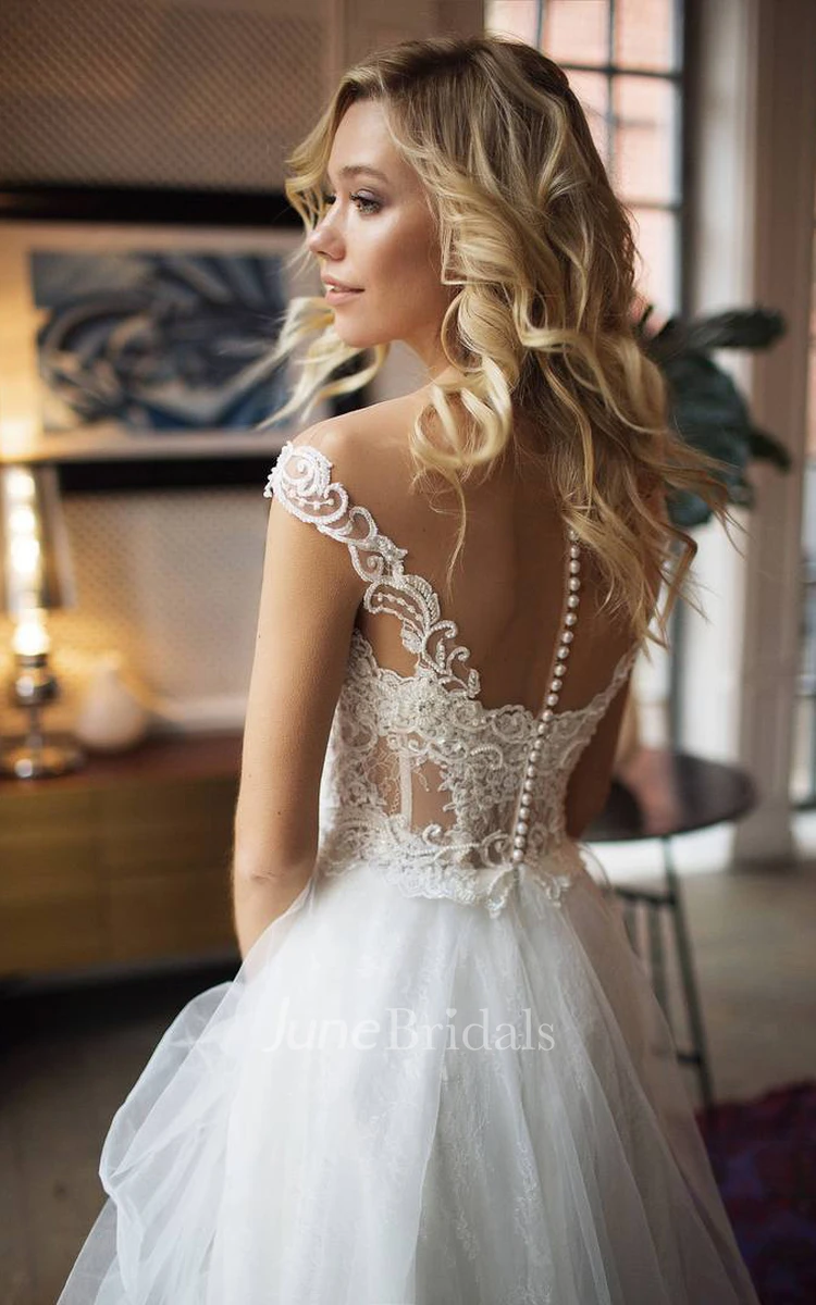 Romantic A Line Lace Tulle Straps Sweetheart Sleeveless Wedding Dress with Ruffles