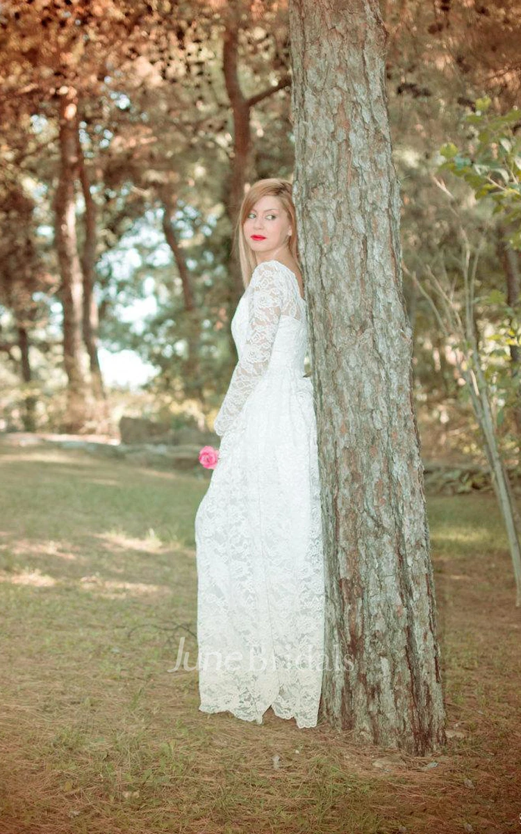 Bateau Illusion Sleeve Long Lace Wedding Dress With Sash And Low-V Back