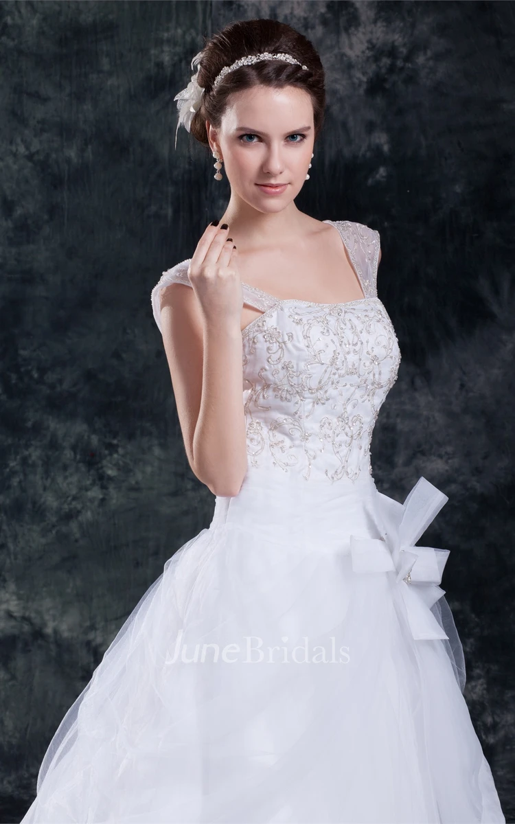 Caped-Sleeve Tulle A-Line Ball Gown with Beading and Embroideries