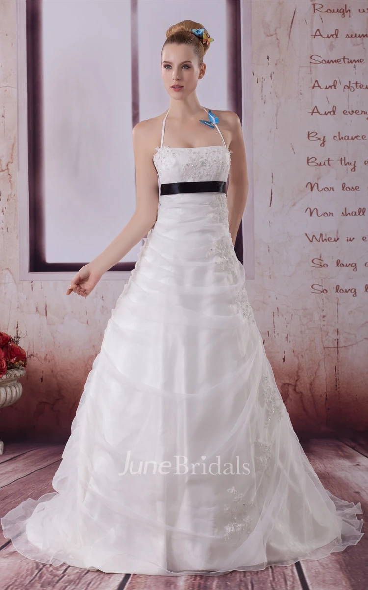 Sleeveless Ruched Ball Gown with Halter and Appliques