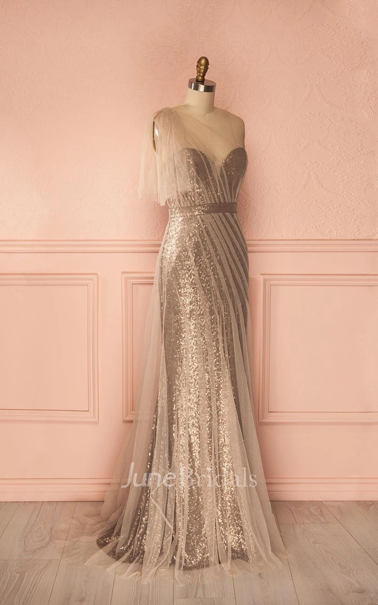 Luxurious One-shoulder Tulle And Sequins Sheath Dress
