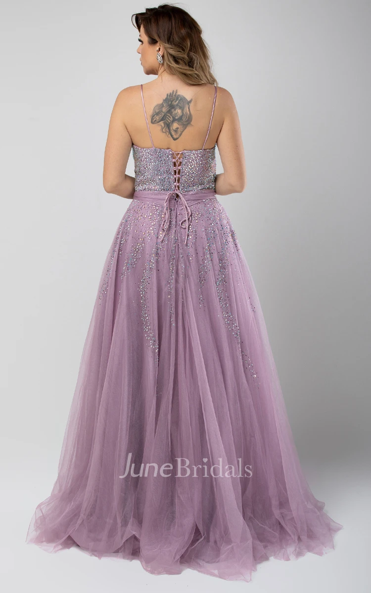 Simple A Line Tulle Floor-length Sleeveless Lace-up Formal Dress with Beading