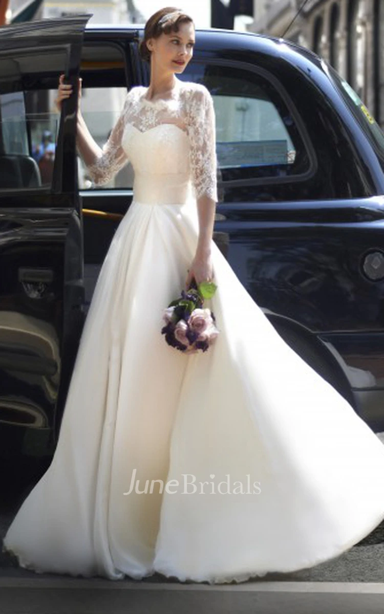 A-Line Half-Sleeve Long High Neck Tulle Wedding Dress With Lace