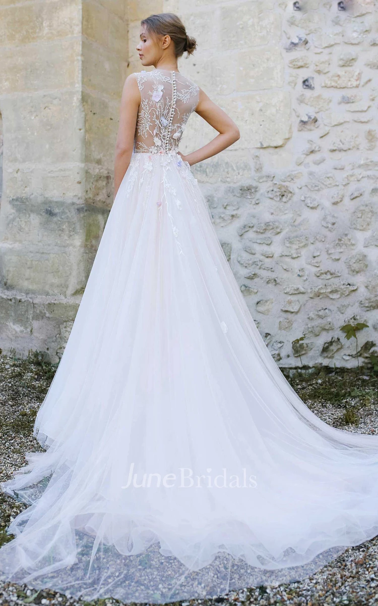 Jewel-Neck Sleeveless A-Line Tulle Pleated Dress With Appliques And Illusion