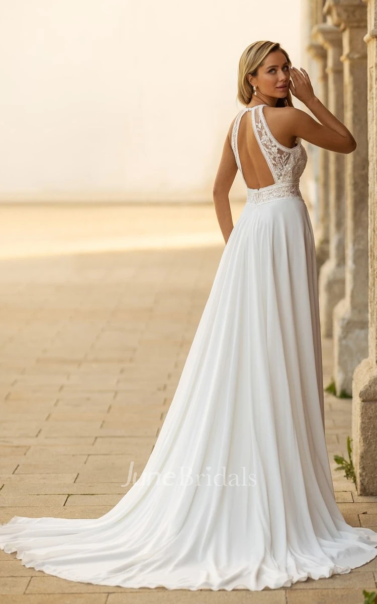 Elegant Modest Charming A-Line Boho Lace Chiffon Wedding Dress Summer Floral Unique Front Split High Neck Backless Trailing Bridal Gown