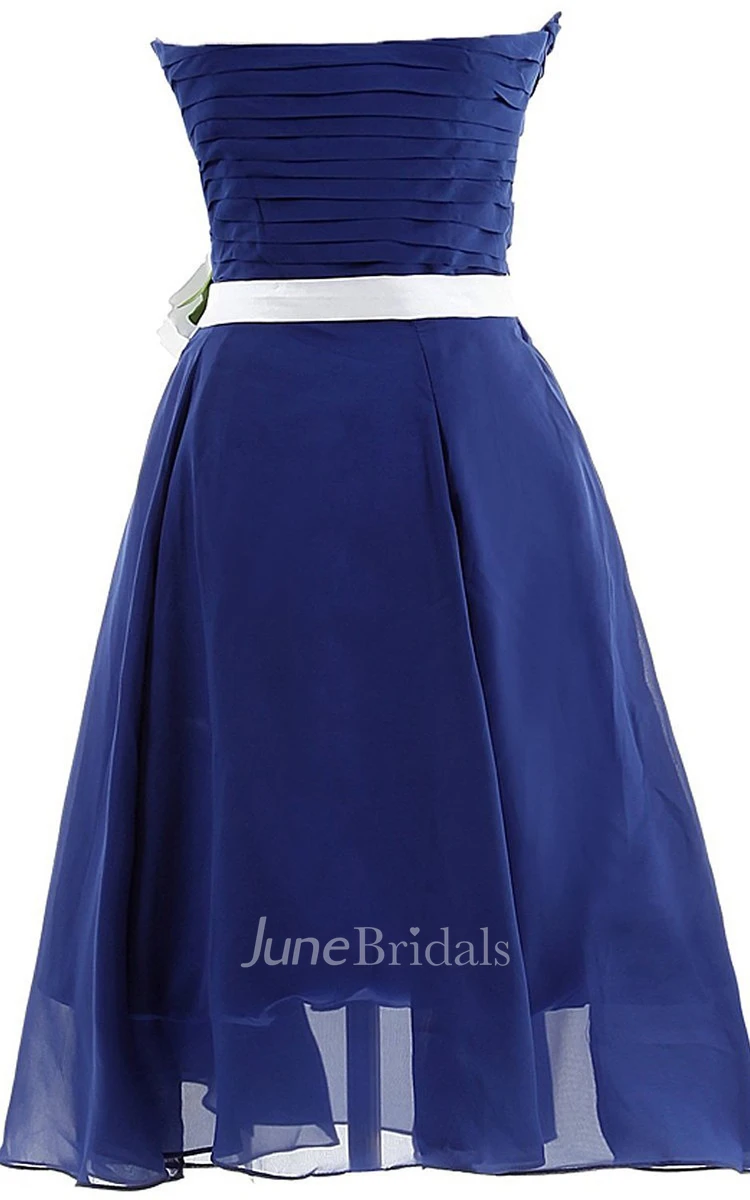 Strapless Ruching and Pleated Dress With Satin Bow