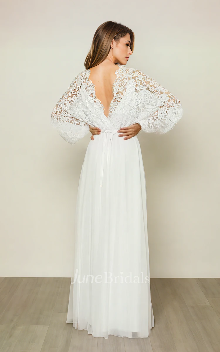 Bohemian Lace Ethereal Bat Sleeve Sheath V-neck Floor-length Bride Wedding Dress