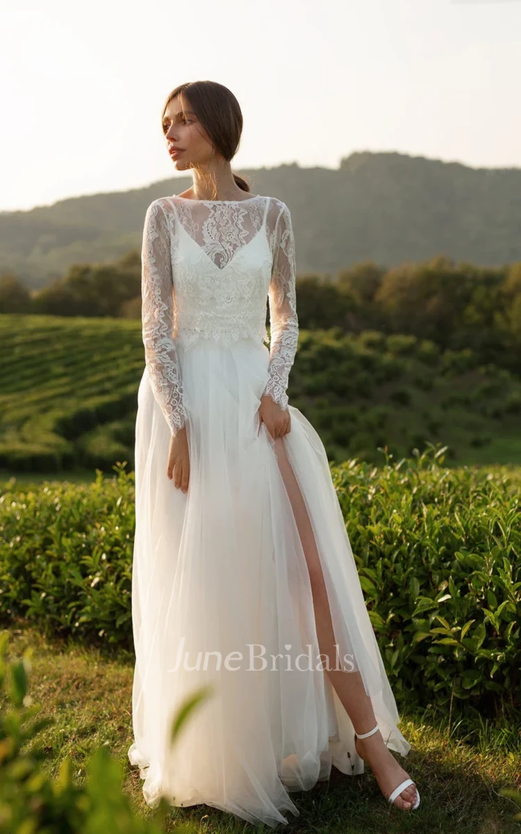 Two-piece A-Line Bateau Neck Lace Tulle Elegant Long Sleeve Bride Wedding Dress with Sweep Train Button Back