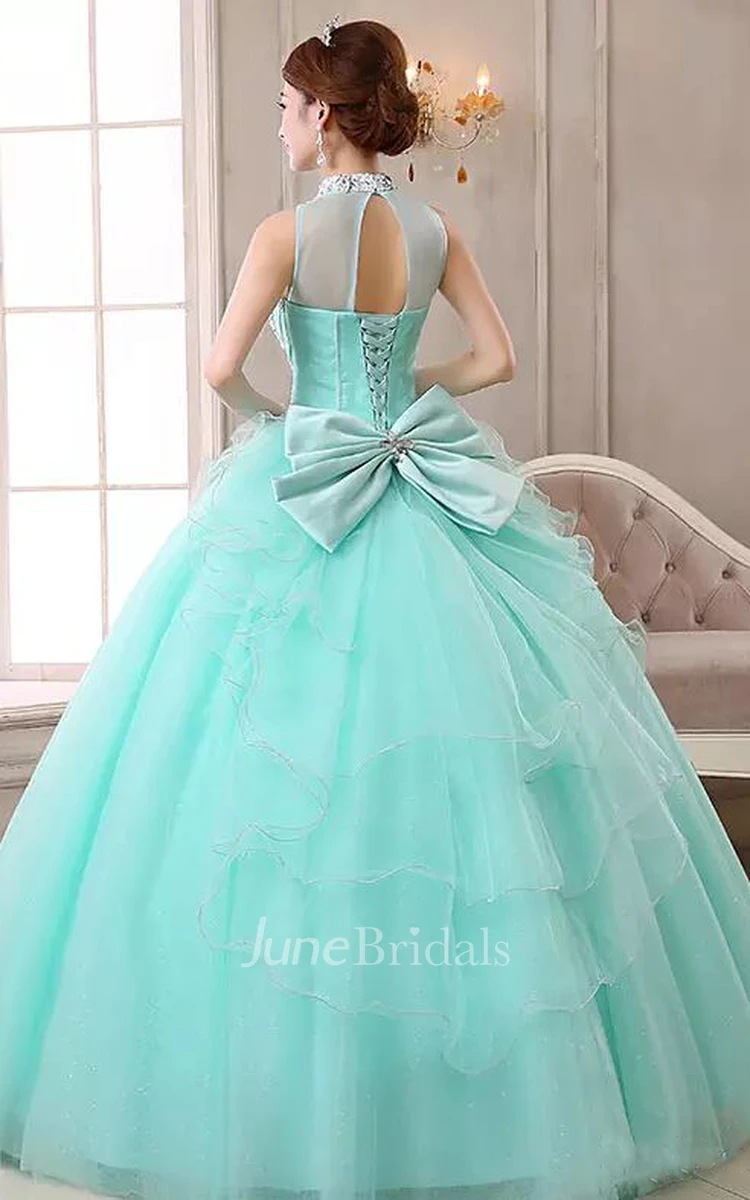Ball Gown High Neck Sleeveless Floor-length Organza Tulle Prom Dress with Beading and Ruffles