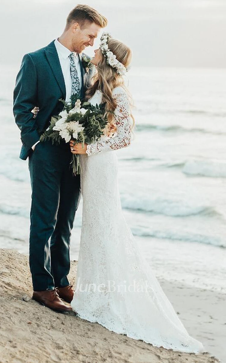 Bohemian Modern Sheath Lace Jewel Long Sleeve Floor-length Wedding Dress