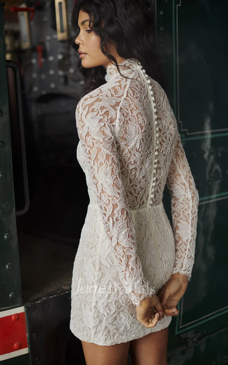 Vintage Mini Bodycon Sheath High Neck Lace Wedding Dress