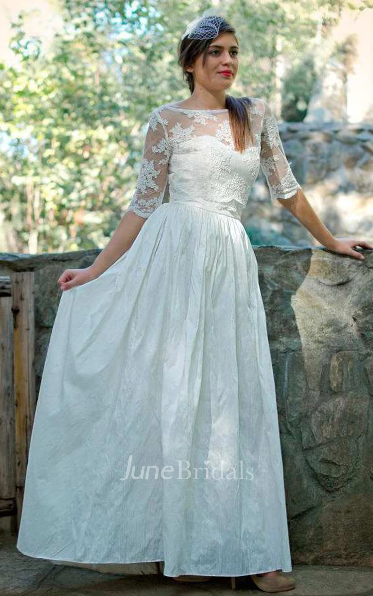 Bateau Illusion Half Sleeve Lace Floor-Length Wedding Dress With Low-V Back
