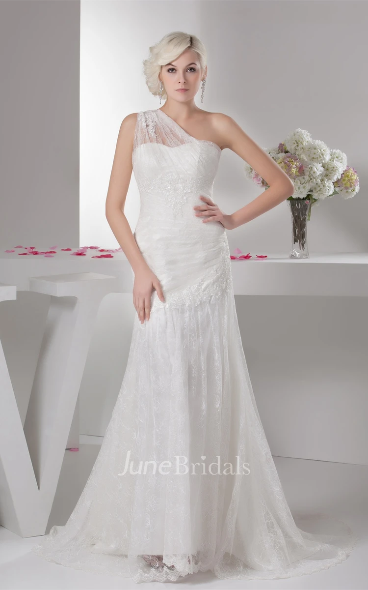 Graceful One-Shoulder Tulle Sheath Dress with Lace and Beading