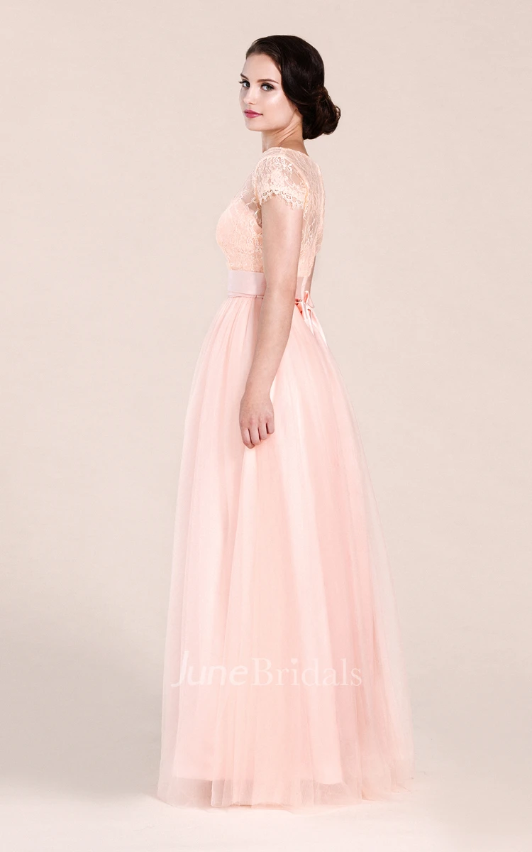 Short-sleeved A-line Long Dress With Illusion Neckline