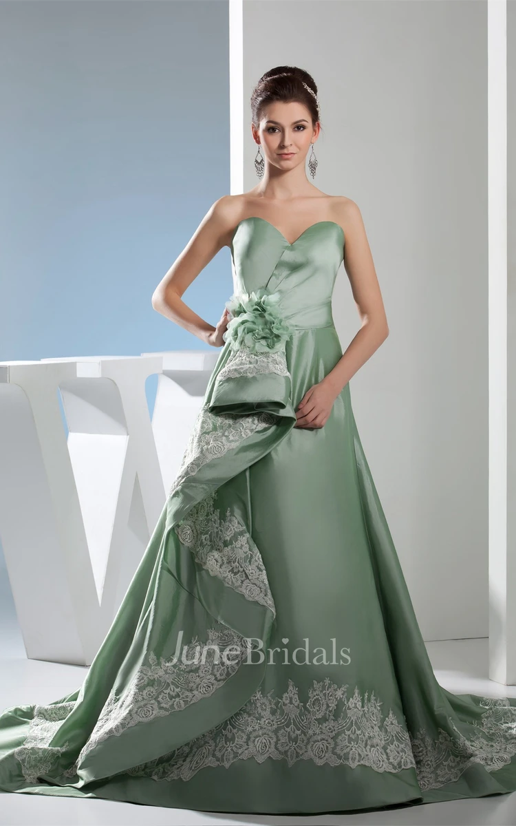 Sweetheart Satin A-Line Gown with Appliques and Flower