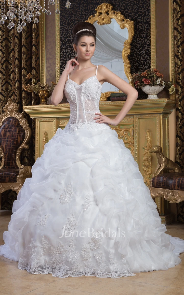 Spaghetti-Strap Pick-Up Ball Gown with Lace and Illusion Top