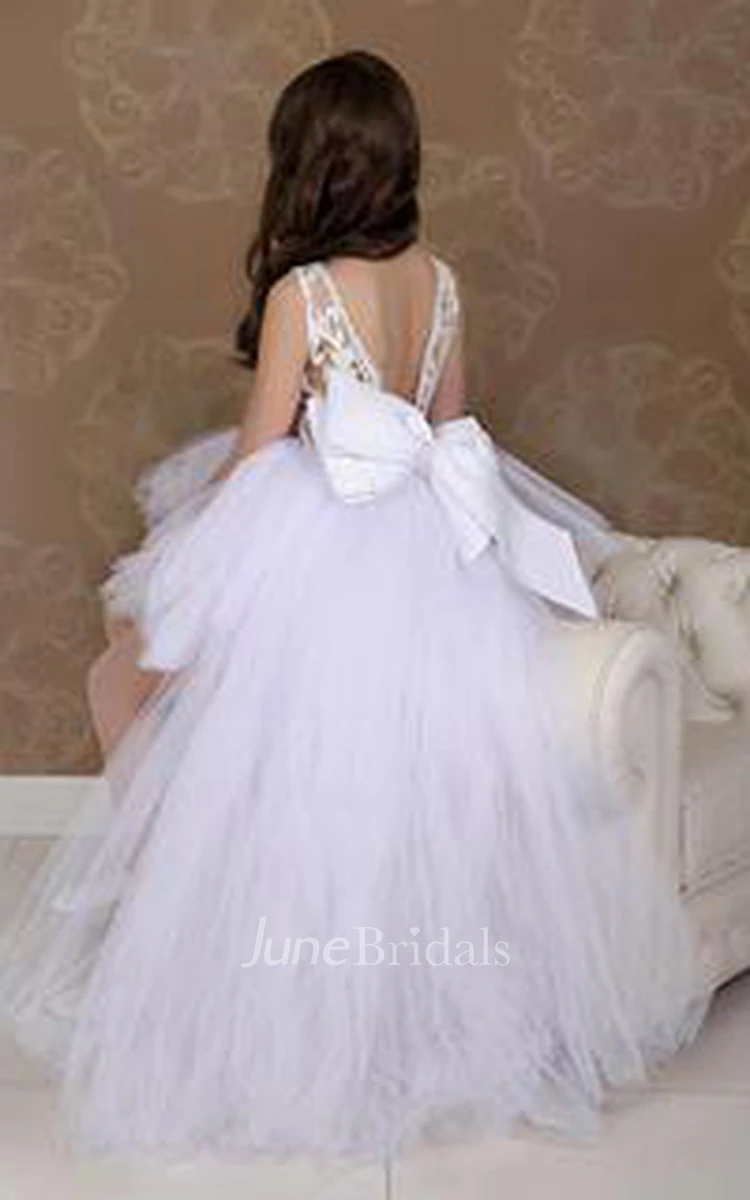 Lovely White Hi-Lo Tulle Flower Girl Dress Sweep Train Jewel