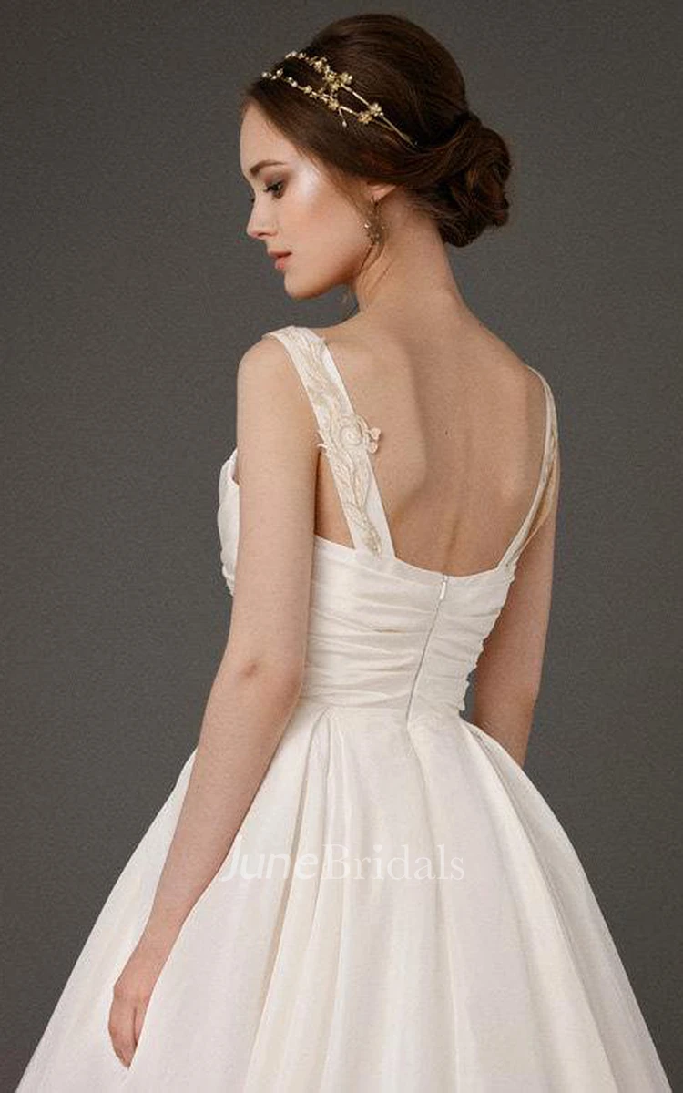 Square Neck A-Line Satin Wedding Dress With Ruching and Beading