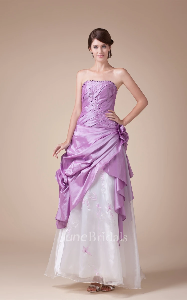 Two-Tone Strapless Pick-Up Floor-Length Dress with Rhinestone and Flower