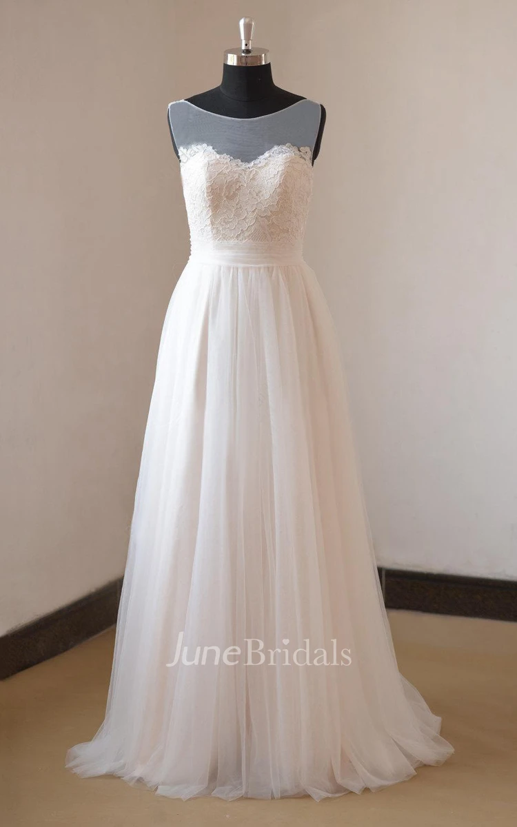 Romantic Illusion Boat Neck A-Line Tulle Wedding Dress With Lace Bodice