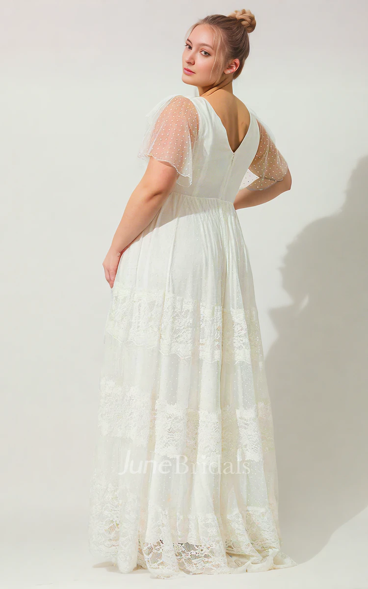 Bohemian Lace A-Line V-neck Beach Short Sleeve Pure Wedding Dress Romantic
