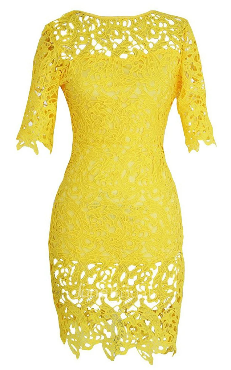 Half-sleeved Sheath Lace Dress With Bateau Neck