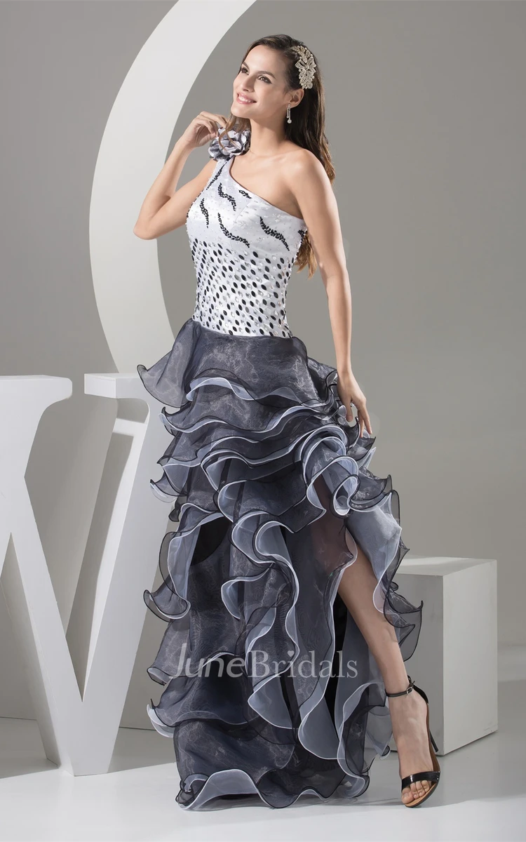 Flowered One-Shoulder Floor-Length A-Line Sleeveless Gown with Cascading Ruffles and Sequins