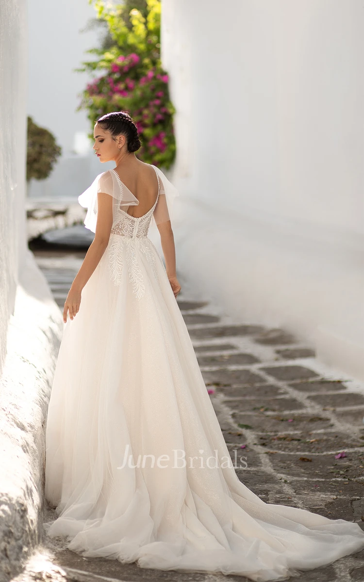 A-Line Plunging V-neck Elegant Floor Length Bride Dress with Cathedral Train Zipper Back