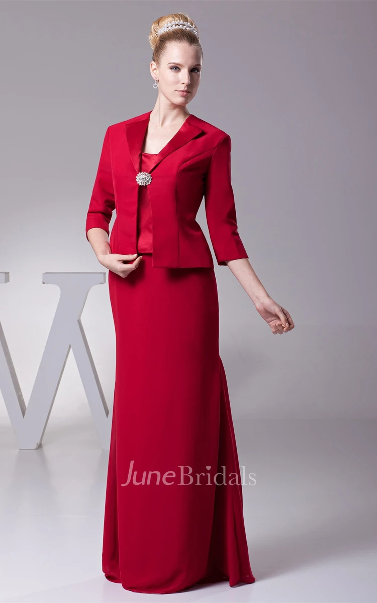 Classic Sheath Floor-Length Dress with Broach and Jacket