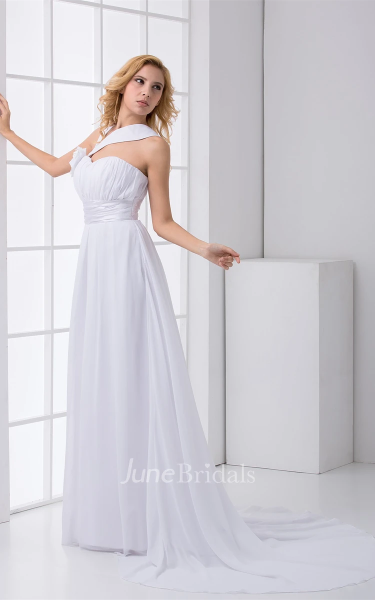 Chiffon Ruched A-Line Dress with Flower and Pleats