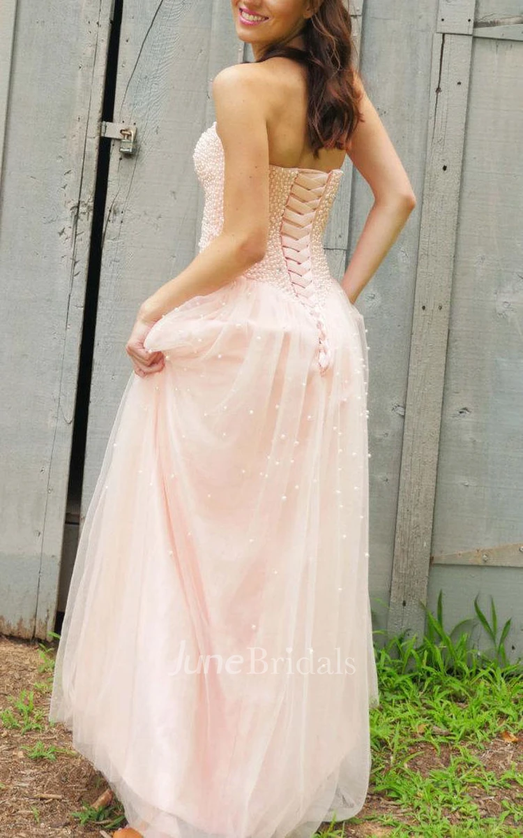 A-line Strapless Tulle&Lace Dress With Beading&Lace-up Back