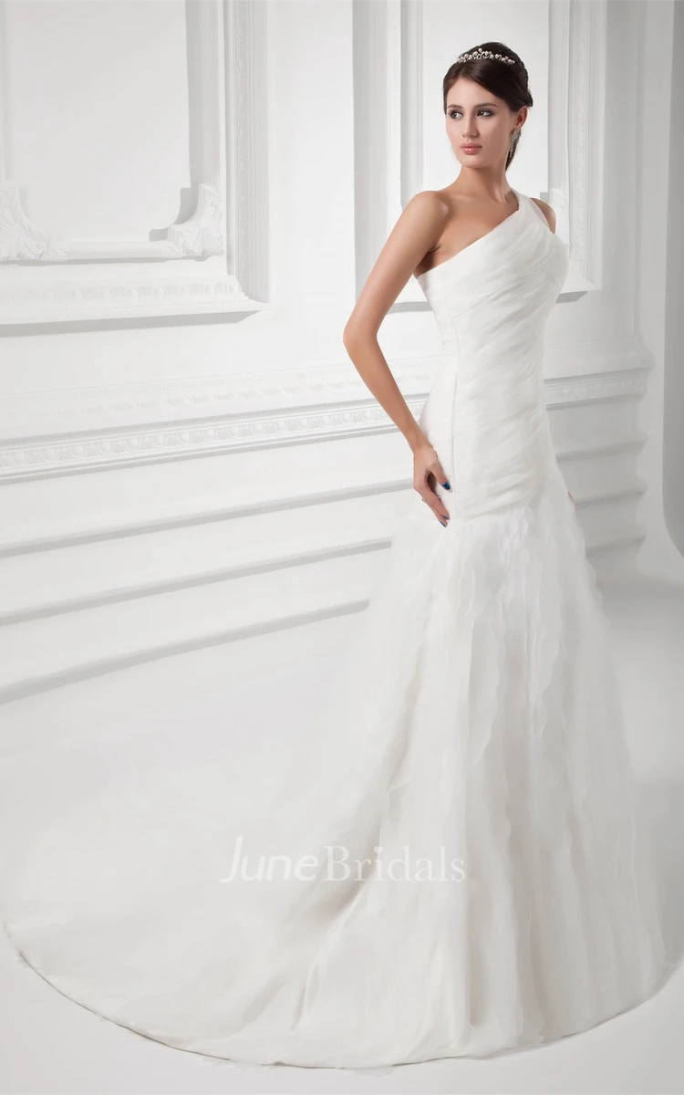 Asymmetrical Ruched A-Line Gown with Draping and Single Strap