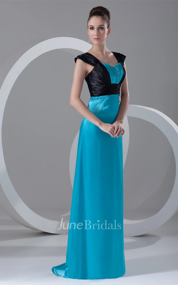 Caped-Sleeve Satin Floor-Length Dress with Beading and Brush Train