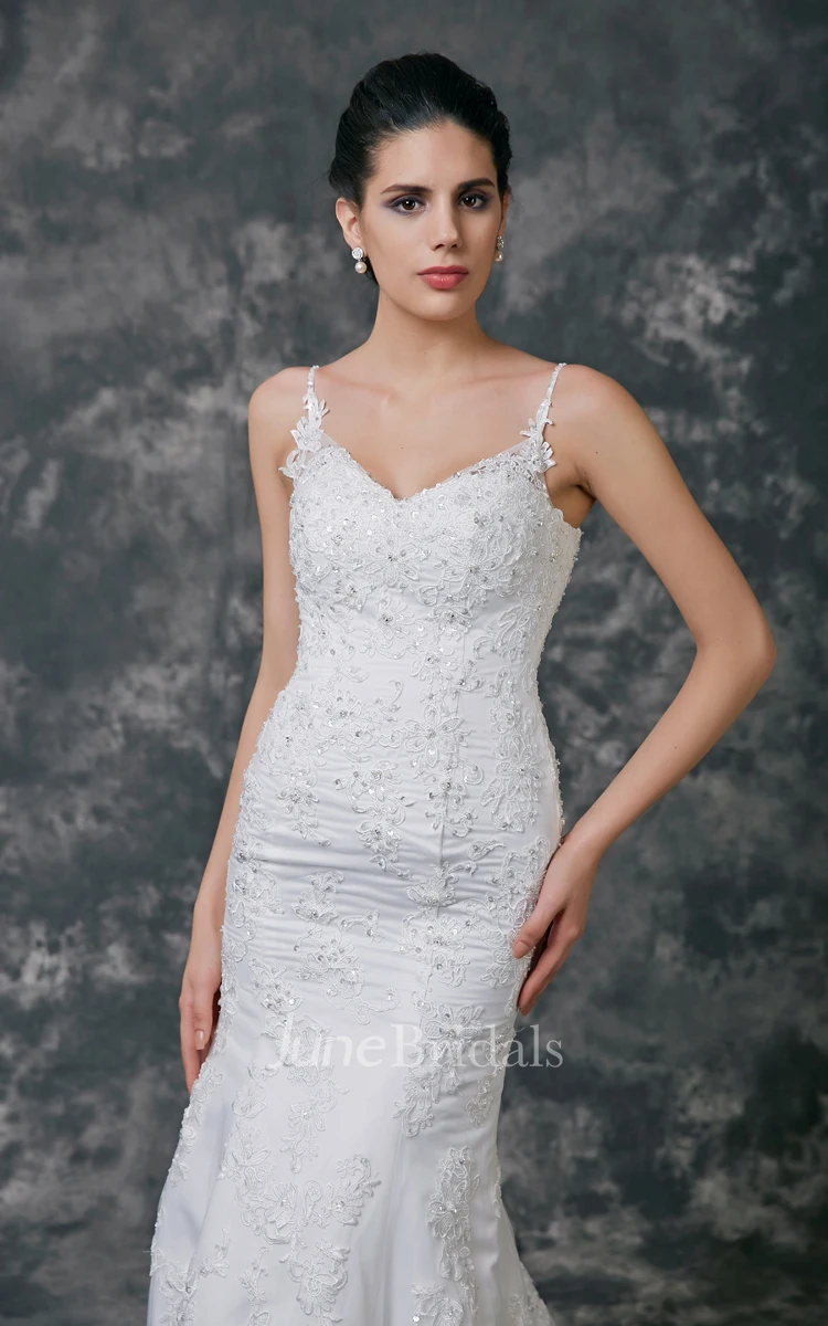 Lace V-Neck Sheath Dress With Spaghetti Straps and Beadings