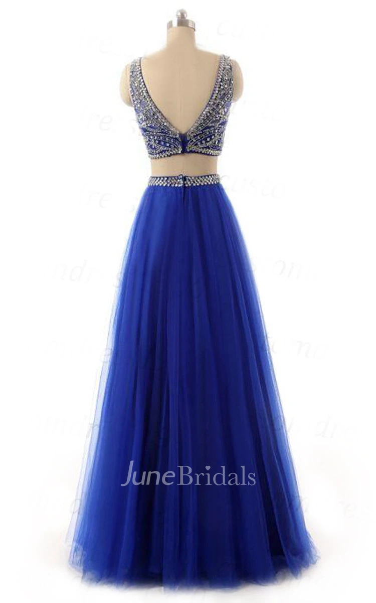 Bateau-neck Two Piece Tulle Prom Dress With Beading